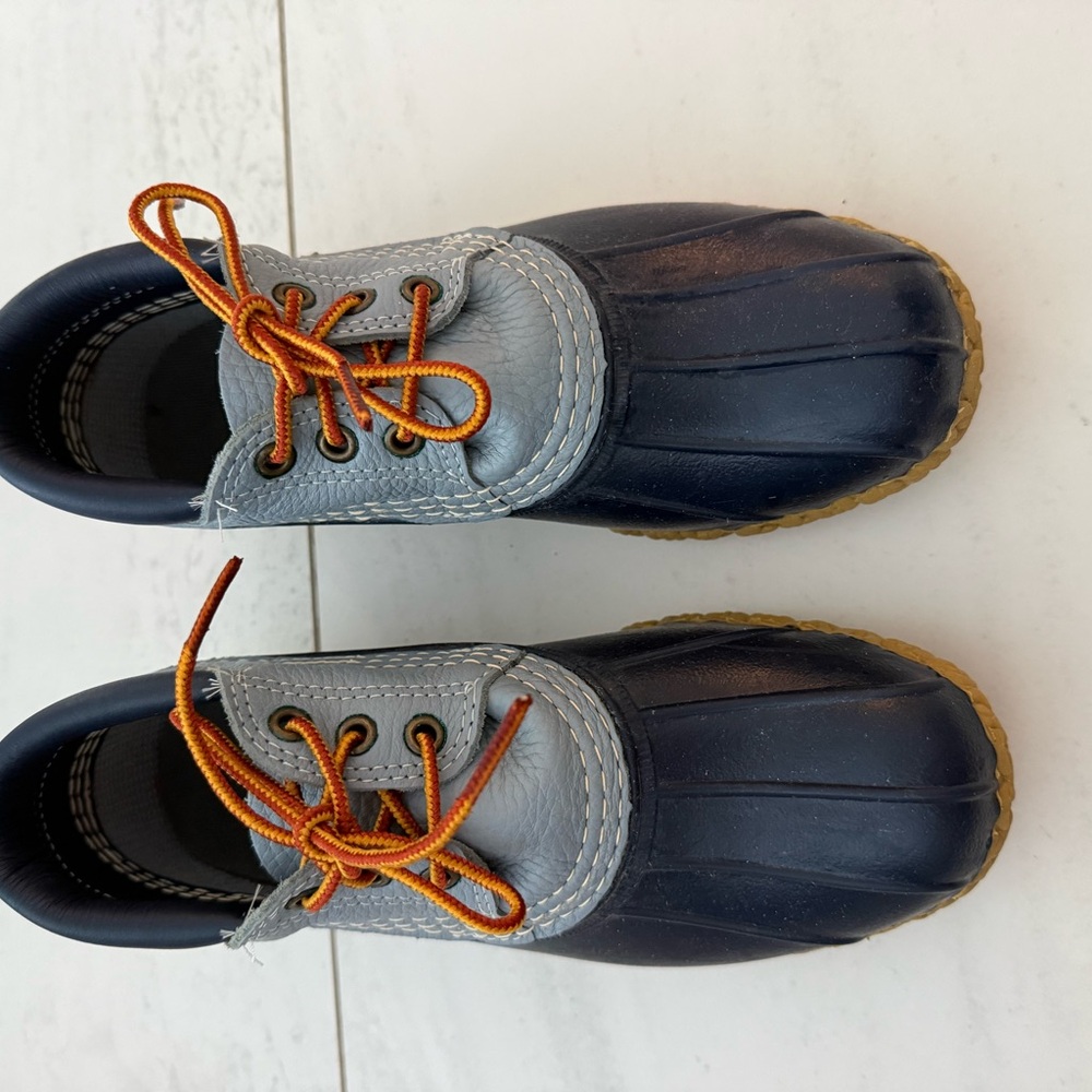 Adult Waterproof Duck Shoes in Navy and Gray with Orange Laces